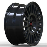 Close-up view of black forged Ram 2500 wheels featuring RV-MD021 custom multi spoke design