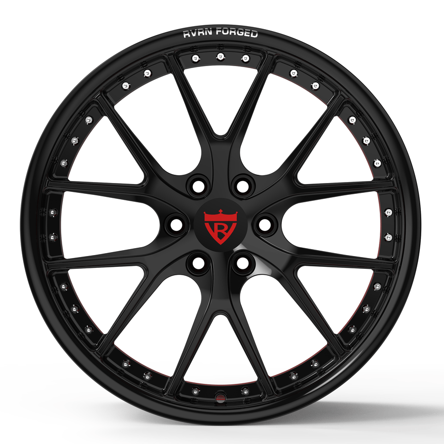 RVRN RV-MD03 custom forged Y spoke wheel for Dodge Viper with red and black finish and deep dish styling