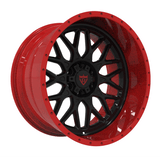 Black and red RVRN RV-MF012 custom forged Y spoke rims with deep dish profile for Chevrolet Silverado 1500 performance truck