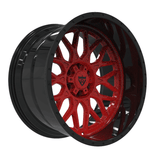 RVRN RV-MF012 black and red forged deep dish rims with Y spoke layout for Ford F-150 custom truck wheel build