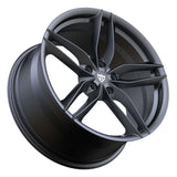 RVRN RV-MF12 Lamborghini Revuelto gunmetal wheel detail featuring forged 1-piece construction, a distinctive 5-spoke profile and a lightweight performance-focused design with customizable sizing and offset.