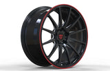 Porsche inspired lightweight forged multi spoke wheels with black and red finish by RVRN Wheels
