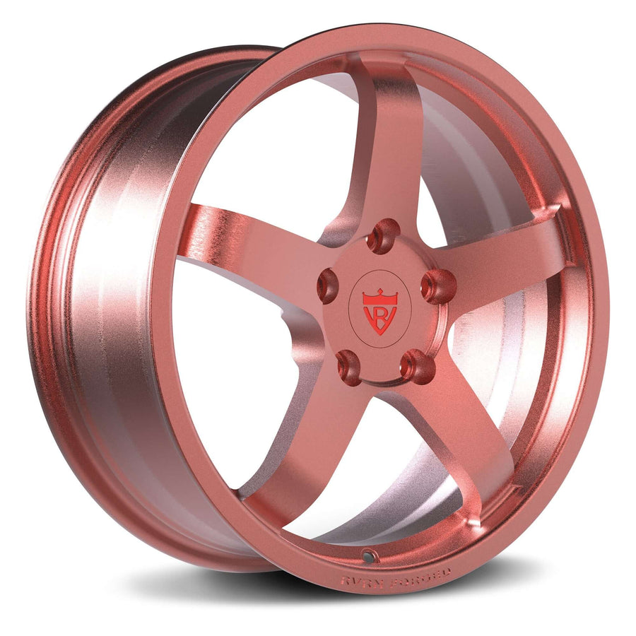 RVRN RV-MJ010 rose gold 5-spoke forged monoblock wheel for custom luxury SUV applications such as the Land Rover Defender 110, highlighting the spoke profile, one-piece construction and bespoke finish options.