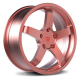 RVRN RV-MJ010 rose gold 5-spoke forged monoblock wheel for custom luxury SUV applications such as the Land Rover Defender 110, highlighting the spoke profile, one-piece construction and bespoke finish options.