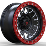 Jeep performance forged rims by RVRN with aggressive black and red forged monoblock styling