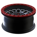 Forged off road Jeep Wrangler wheel setup featuring RVRN RV-MJ153 red and black custom monoblock rims