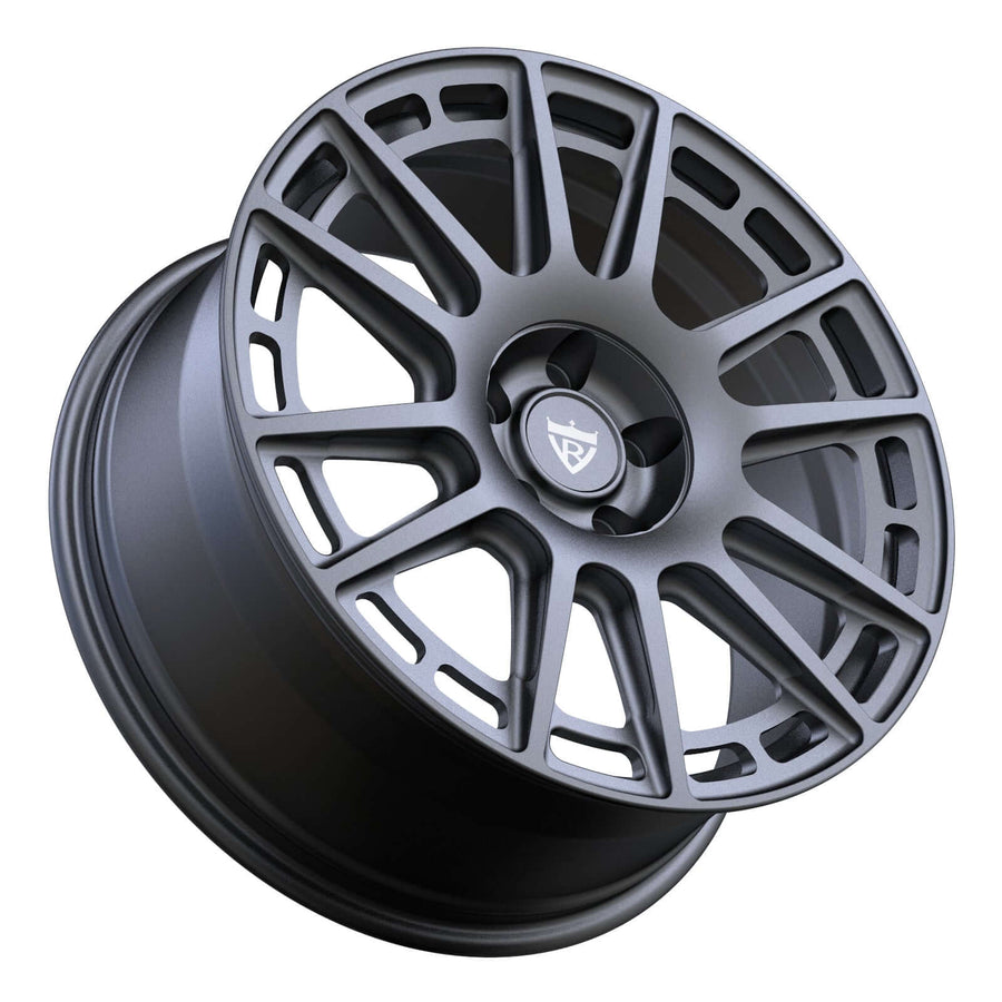 RVRN RV-ML144 forged multi spoke Ford Mustang wheels in gunmetal, custom 1-piece forged construction with lightweight performance styling, optimized strength and personalized wheel fitment.