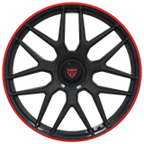 RVRN RV-MM185 custom forged Y-spoke BMW M5 wheels in black and red, 1-piece lightweight performance wheel design with customized sizing, offset and vehicle-specific fitment options.