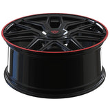 RVRN RV-MM185 black and red forged Y-spoke wheels for Mercedes-Benz SL500, custom 1-piece performance wheel design with lightweight construction and personalized sizing and offset options.