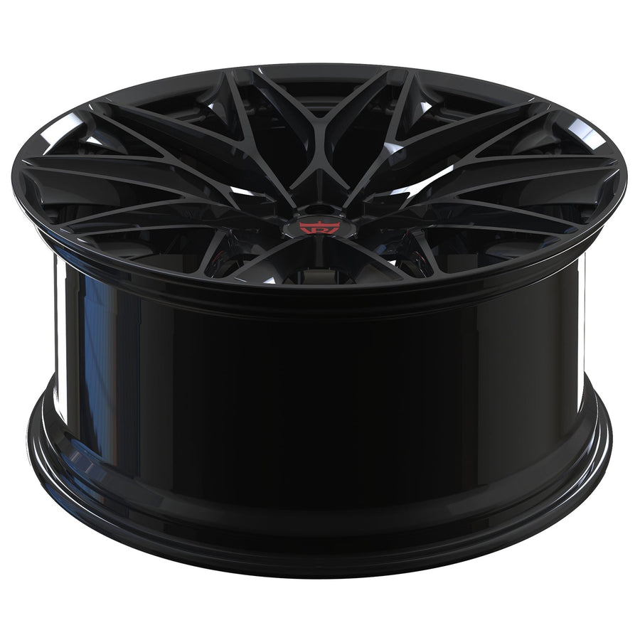 RVRN RV-MP184 black forged monoblock wheel resting face up, showing the Y-spokes and barrel