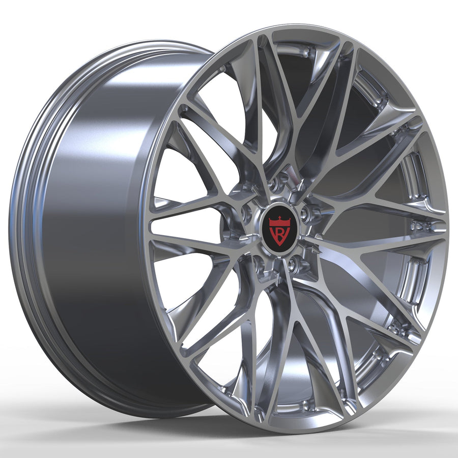RVRN RV-MP184 silver forged Y-spoke wheel for Lamborghini Revuelto builds, showcasing a sculpted 1-piece monoblock design, lightweight performance construction and customizable sizing, offset and fitment.