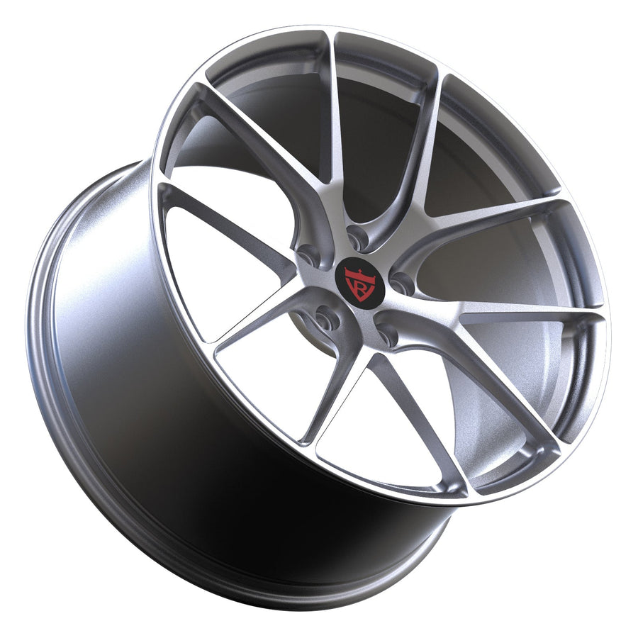 RVRN RV-MP200 Chevrolet Corvette C8 Z06 forged wheels with an all-silver finish, lightweight 1-piece construction, sculpted concave Y-spokes, and customizable sizing and offset for performance-oriented fitment.
