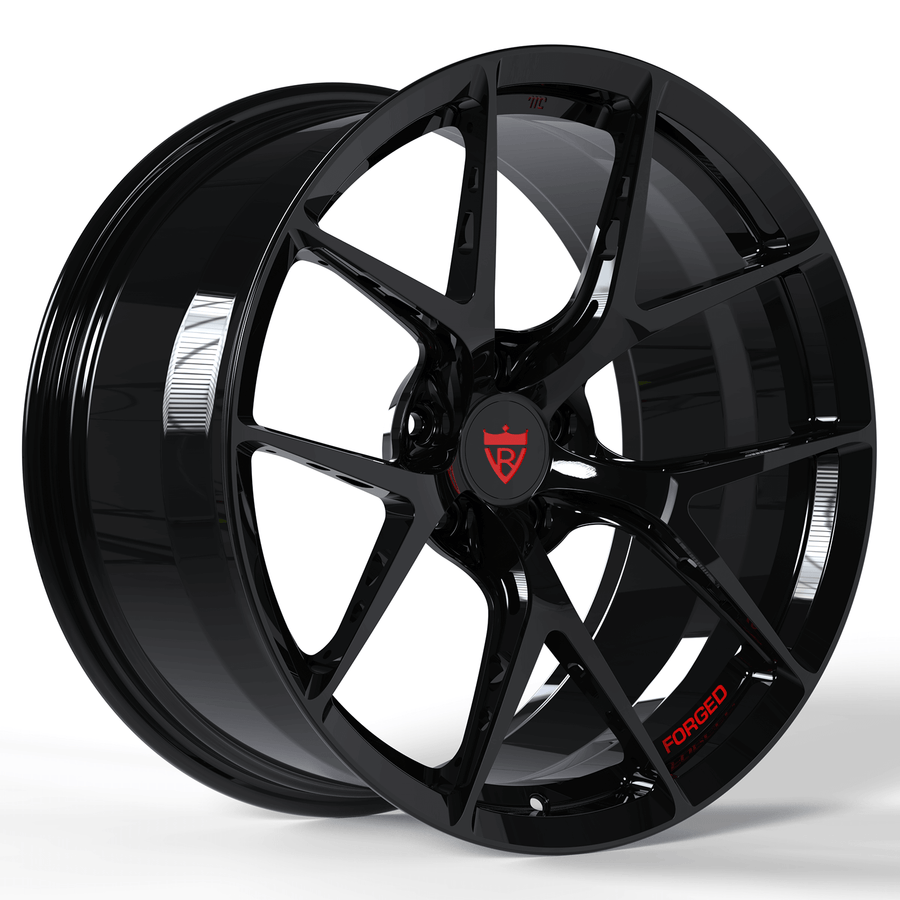 Custom forged Y spoke Corvette wheels by RVRN featuring gloss black lightweight performance wheel design