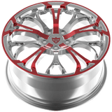 RVRN RV-MR09 custom forged Y-spoke BMW X7 wheels in chrome with red accents, lightweight 1-piece performance rims featuring a distinctive spoke layout and customized vehicle-specific fitment.