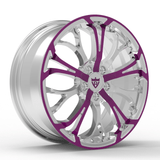 RVRN RV-MR09 custom forged Y-spoke Cadillac Escalade wheels in chrome with purple accents, lightweight 1-piece performance construction with distinctive styling and custom fitment options for luxury SUV builds.