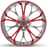 RVRN RV-MR09 custom forged Y-spoke Cadillac Escalade wheels in chrome with red finish, premium 1-piece lightweight performance wheel design with custom offset and fitment options.

