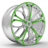RVRN RV-MR09 forged Y-spoke Lincoln MKZ wheels in chrome with green accents, custom 1-piece lightweight performance wheel design with personalized finish options, sizing and offset for tailored fitment.