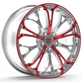 RVRN RV-MR09 forged Y-spoke Lincoln MKZ wheels in chrome with red accents, custom 1-piece forged construction combining distinctive styling, lightweight performance and personalized wheel fitment.