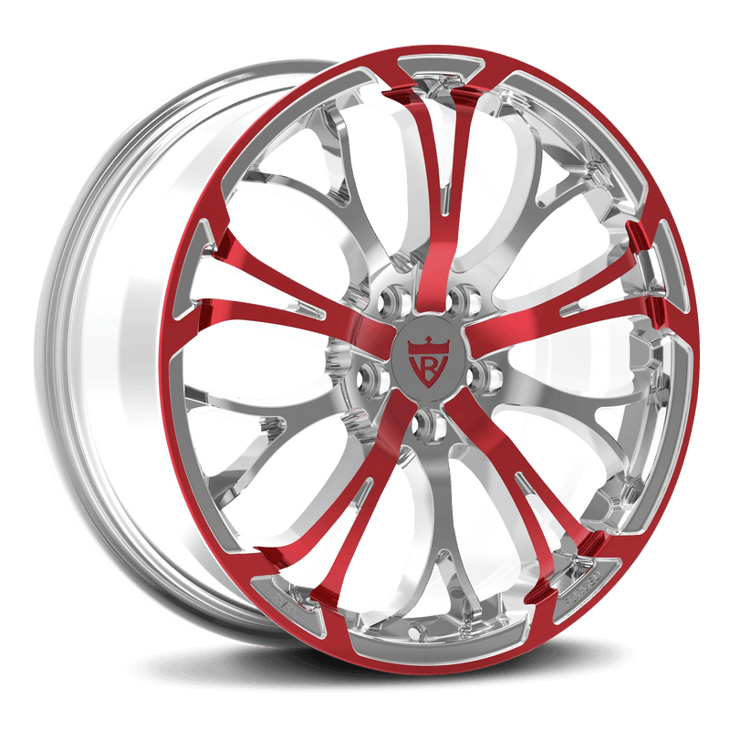 RVRN RV-MR09 custom forged Y-spoke Lincoln Navigator wheels in chrome with red finish, fully forged 1-piece lightweight performance rims with custom sizing, offset and vehicle-specific fitment.