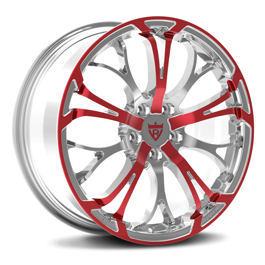 RVRN RV-MR09 custom forged Y-spoke Lincoln Navigator wheels in chrome with red finish, fully forged 1-piece lightweight performance rims with custom sizing, offset and vehicle-specific fitment.