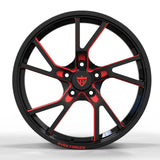 RV-MR12 black and red forged Corvette rims designed for Corvette C6 builds, directional wheel styling with lightweight forged performance