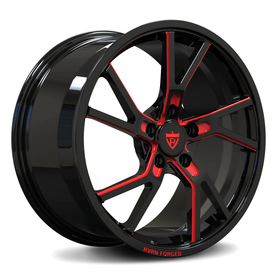 RVRN RV-MR12 custom forged Corvette rims featuring directional rims design with black and red finish, premium monoblock forged wheel built for custom performance fitment