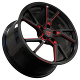 RVRN RV-MR12 directional forged wheel inspired by modern performance applications, black and red rims suitable for Corvette and Porsche 911 GT3 style builds