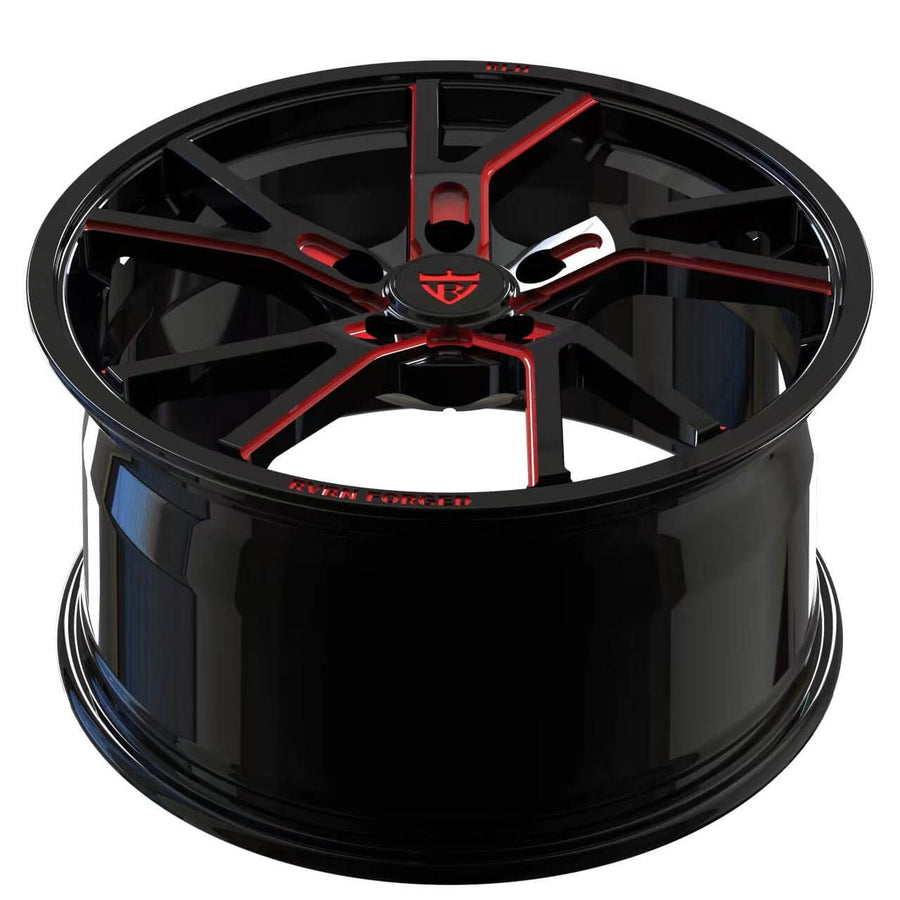RVRN RV-MR12 directional spoke forged wheel for Corvette C6, black and red rims configuration with aggressive performance styling and custom forged construction