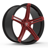 RVRN RV-MS63B custom forged 5-spoke Tesla Model Y wheels in black with red accents, lightweight 1-piece performance construction with a bold color contrast and customized wheel fitment options.