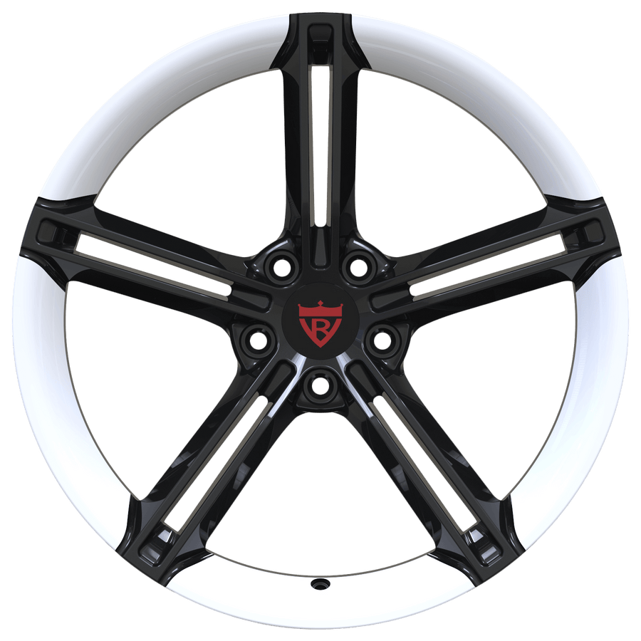 RVRN RV-MS63B forged 5-spoke wheels for Tesla Model Y, black with white finish, custom 1-piece construction combining lightweight performance styling with personalized wheel fitment options.