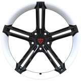 RVRN RV-MS63B forged 5-spoke wheels for Tesla Model Y, black with white finish, custom 1-piece construction combining lightweight performance styling with personalized wheel fitment options.