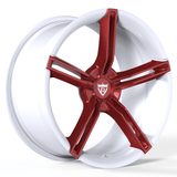 RVRN RV-MS63B forged 5-spoke Tesla Model Y wheels in white with red accents, custom 1-piece lightweight performance design with distinctive contrast styling, personalized sizing and precise fitment.