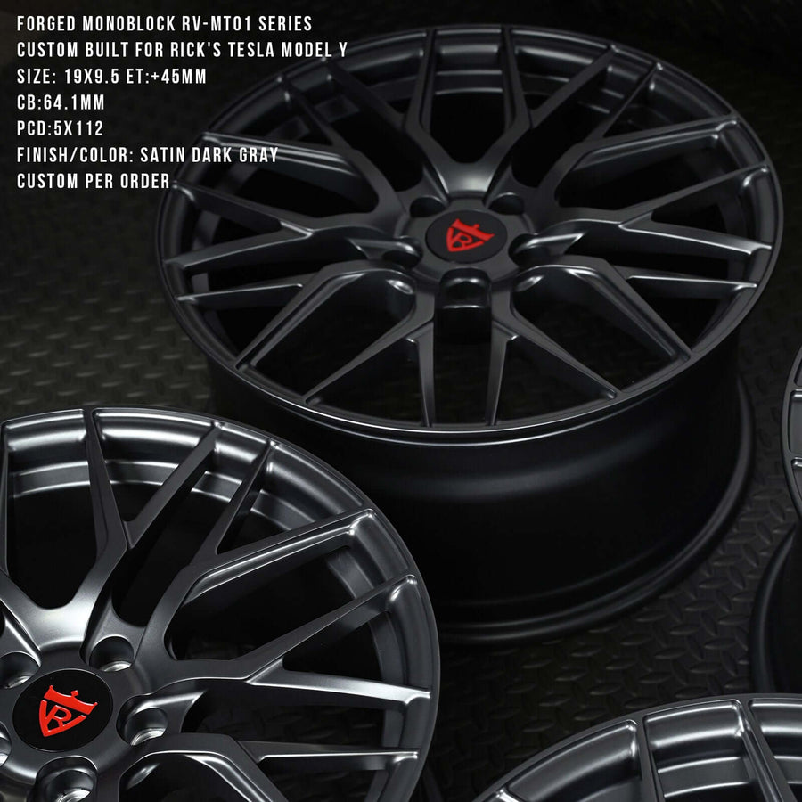 RVRN RV-MT01 custom forged Tesla Model Y rims in black finish featuring lightweight Y-spoke monoblock design for performance EV applications
