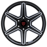 Custom forged Toyota performance wheels by RVRN featuring RV-MT112 lightweight monoblock 6 spoke wheel design in polish with black finish