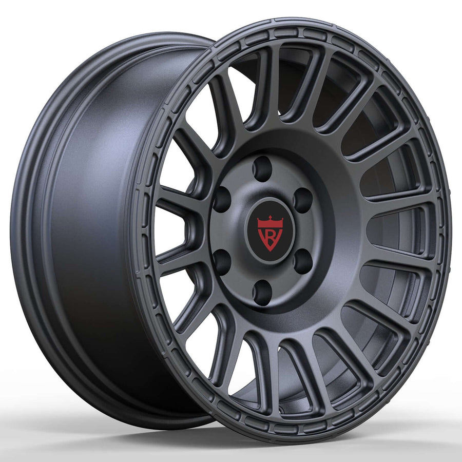 RVRN RV-MT117 custom forged 6-lug Land Cruiser wheel in gunmetal, highlighting the clean multi-spoke profile and precision-engineered construction
