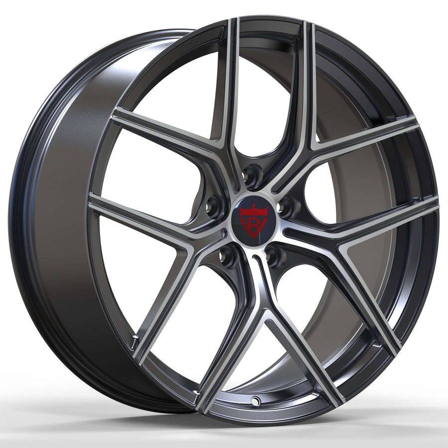 Custom forged Y spoke wheels by RVRN in gunmetal lightweight performance wheel for Tesla style builds