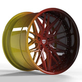 RVRN RV-T081 custom forged deep dish wheels with unique red yellow accent theme and rose gold center for exotic performance vehicles