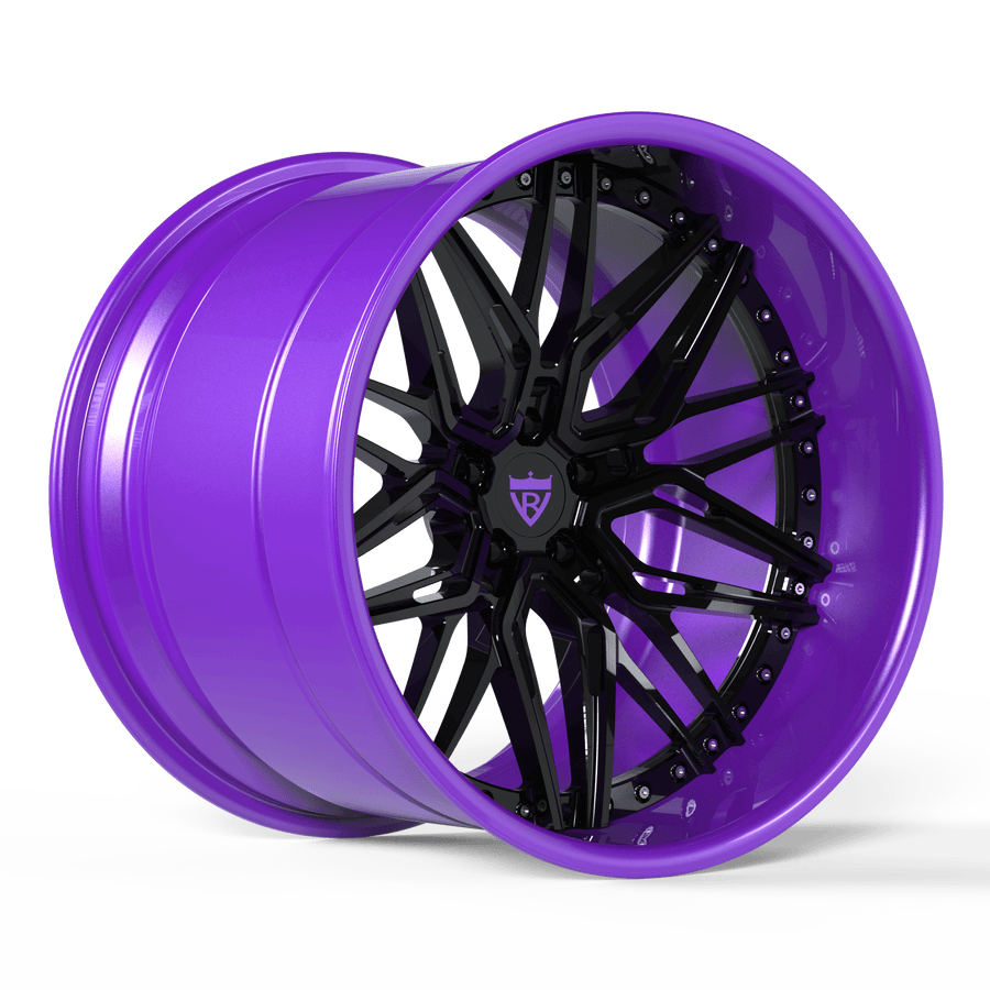 RVRN RV-T081 custom forged 3-piece deep dish wheel for Ram 1500 featuring a distinctive purple and black finish