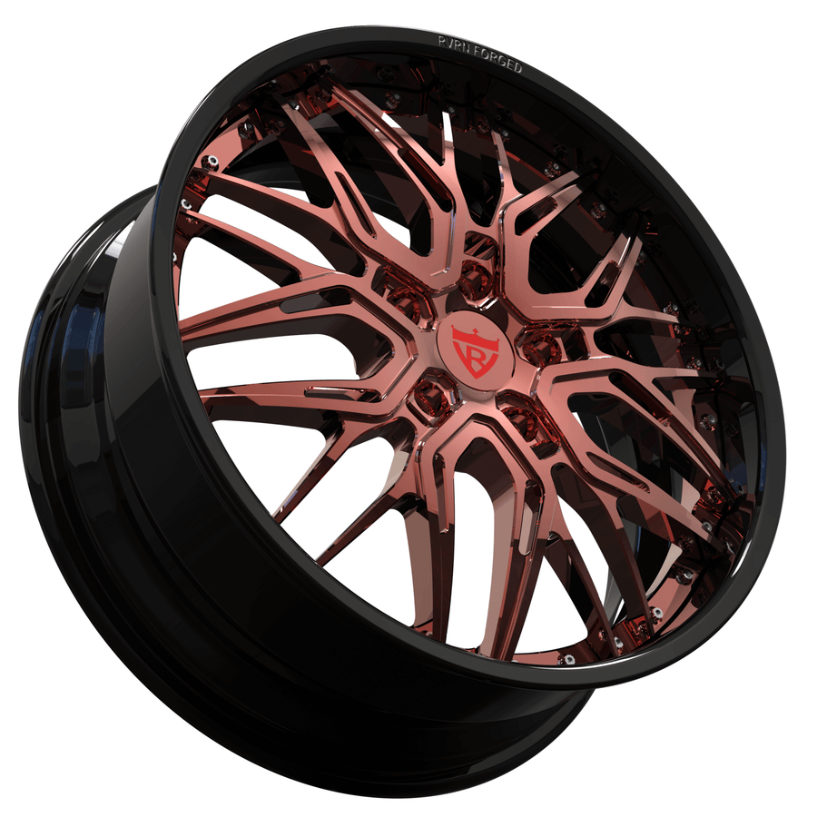 RVRN RV-T081 forged deep dish wheel for BMW M5 with polished rose gold spokes and gloss black barrel, custom 24 inch performance wheel fitment