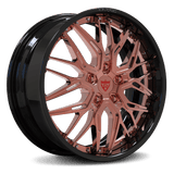 RVRN RV-T081 2-piece forged deep dish wheel for BMW M5, polished rose gold spokes with gloss black barrel, custom lightweight performance wheel design