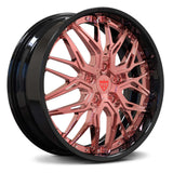 RVRN RV-T081 custom forged 2-piece deep dish Camaro ZL1 wheel in black with polish rose gold finish, lightweight Camaro rims with custom sizing and performance fitment