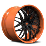 RVRN RV-T081 custom forged deep dish Dodge Challenger SRT Hellcat wheel in orange with black finish, 2-piece performance rims with custom fitment and lightweight construction