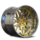 RVRN RV-T081 custom deep dish 18 inch rims with brushed gold spoke and polished barrel finish for Ford F-150 Raptor R, designed with multi spoke structure and premium forged performance engineering.