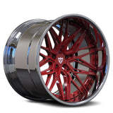 RVRN RV-T081 deep dish 18 inch forged wheels with red spoke and chrome barrel finish for Ford F-150 Raptor R, featuring custom multi spoke construction and premium truck applications.