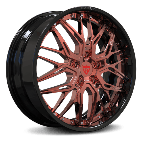RVRN RV-T081 2-piece forged deep dish wheel for Jeep Grand Cherokee with polished rose gold spokes and gloss black barrel, custom 24 inch wheel design