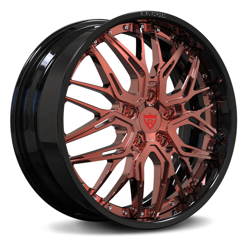 RVRN RV-T081 2-piece forged deep dish wheel for Jeep Grand Cherokee with polished rose gold spokes and gloss black barrel, custom 24 inch wheel design