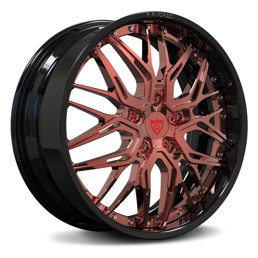 RVRN RV-T081 2-piece forged deep dish wheel for Jeep Grand Cherokee with polished rose gold spokes and gloss black barrel, custom 24 inch wheel design