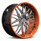 RVRN RV-T081 custom forged deep dish McLaren 720S wheels in orange and chrome, 2-piece construction with a distinctive custom finish