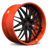 RVRN RV-T081 forged deep dish Porsche 911 wheels in orange and black, custom 2-piece design with bold performance styling