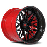 RVRN RV-T081 custom deep dish 2-piece forged wheels with black spoke, red barrel, and carbon fiber wrapped lip for RAM 1500, featuring aggressive truck wheel styling and premium customization.